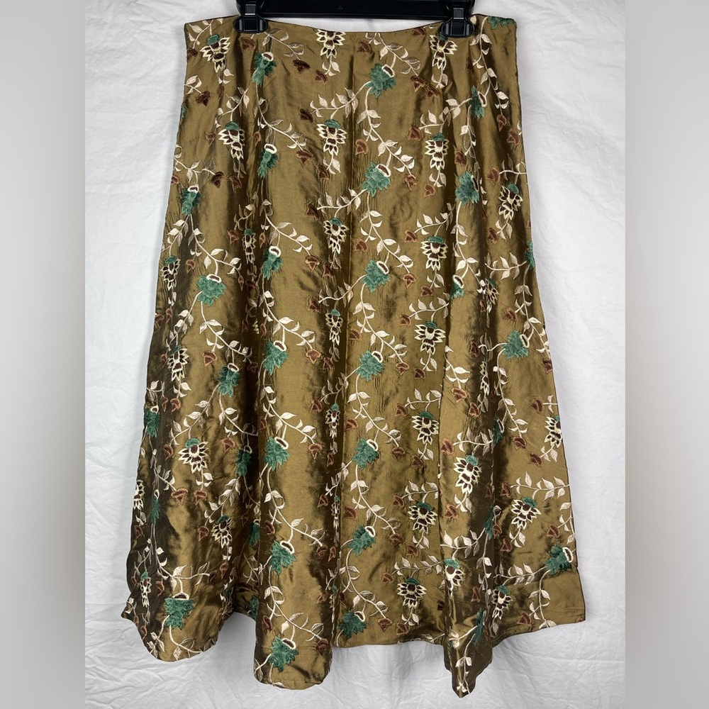 Karen Warren-100% Silk A Line Skirt-Sz 12-Embroidered-Green/Cream